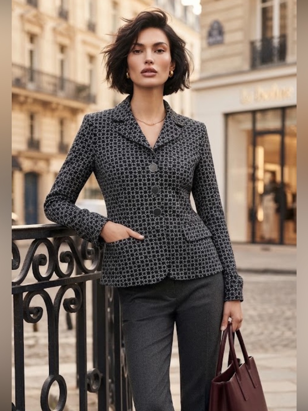 NWT Ann Taylor cotton silk black white diamond pattern blazer